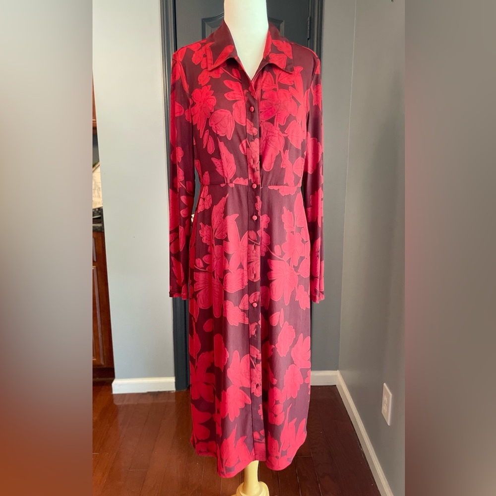 Red & Burgundy Whimsygoth Festival Sheer Floral L/S  Button Down Maxi Dress